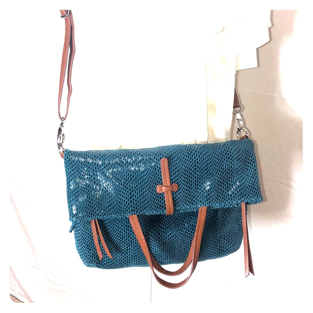 Teal faux snake skin fold over purse